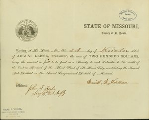 Verklaring dat Daniel S. Horman van August Leisse, de penningmeester van de staat Missouri, County of St. Louis, tweehonderd dollar als premie heeft ontvangen
